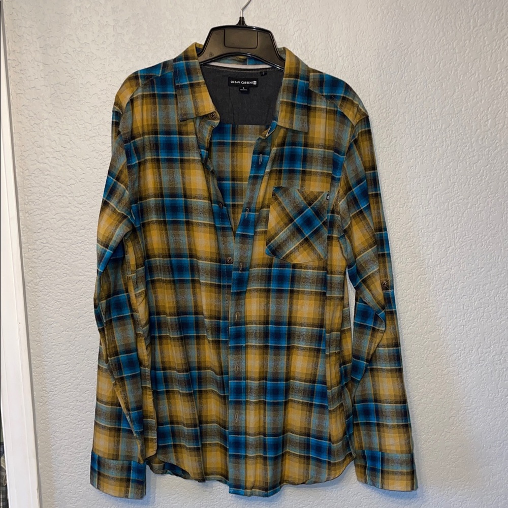 Ocean Current Blue and Yellow Plaid Casual Button Down Shirt